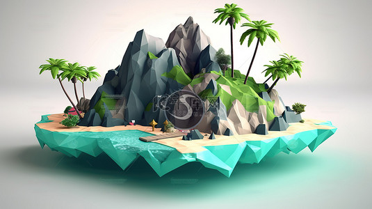 具有低多边形设计的 3d 渲染岛非常适合冒险和放松