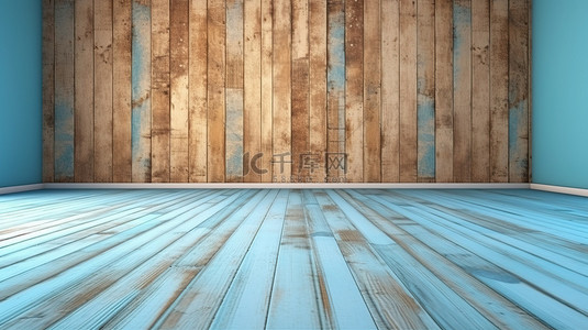 棕色木地板和浅蓝色墙壁的 3d 渲染