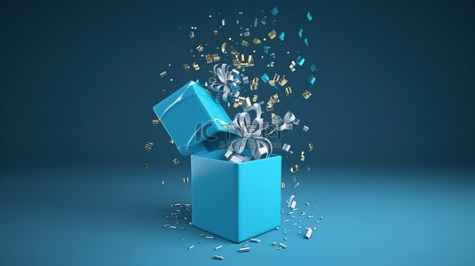惊喜背景图片_打开带有文本空间和蓝色背景的礼品盒 3D 渲染图像与掉落的礼物
