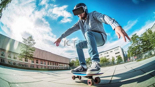 戴着虚拟现实眼镜的熟练男性滑冰运动员在滑板上滑行并参与 3D 游戏