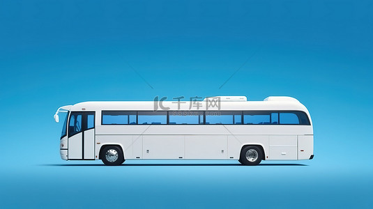 经济实惠的城际旅行 3D 渲染蓝色背景低成本大白色长途客车旅游巴士