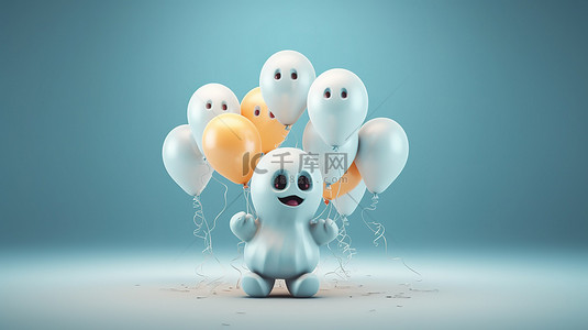 万圣节背景下带有气球的怪异 3D 幽灵