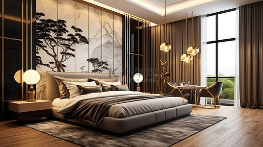 现代化家居背景图片_现代化的亚洲卧室 3D 渲染豪华一室公寓，配有别致的床和金青铜吊灯
