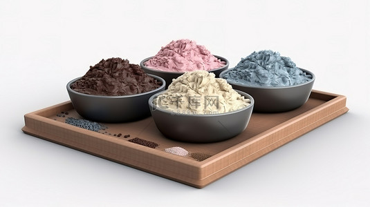 冰淇淋卡通背景背景图片_卡通风格的 3D 渲染巧克力 bingsu 刨冰排列在白色背景的托盘上