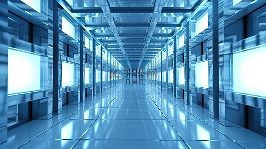 蓝色光明背景图片_具有矩形结构 3D 渲染的现代技术风格蓝色隧道的透视
