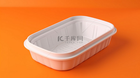橙色背景上空白标记的白色塑料食品托盘包装 3D 可视化