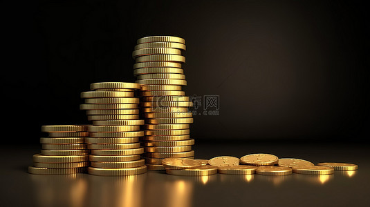 通过条形图或图表描述业务增长的金币堆栈的 3D 渲染