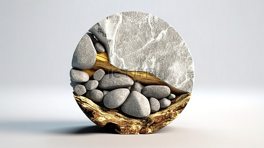 岩石上的花背景图片_白色背景上精心设计的圆形岩石模型的 3D 渲染