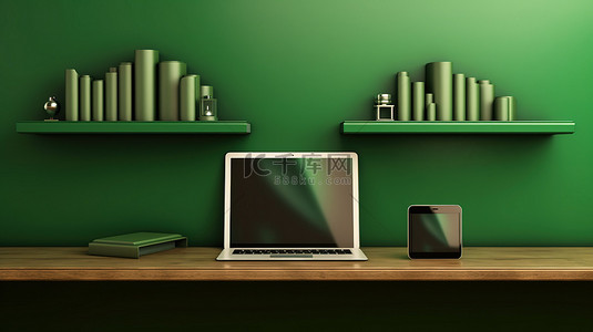手机绿色背景背景图片_绿色墙架上排列的科技小玩意笔记本电脑手机和平板电脑 3D 渲染