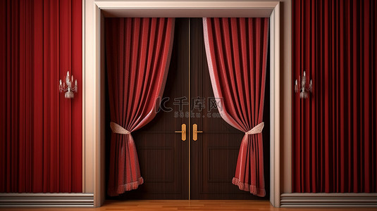 装饰有红色窗帘的关闭木门的渲染图像