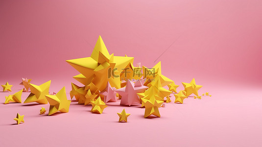 简约概念粉红色背景与 3D 渲染和插图中的黄色星星