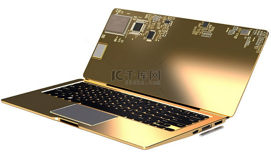 信用卡平放背景图片_孤立的白色背景，带有剪切路径 3D 渲染的黄金信用卡显示在笔记本电脑屏幕上