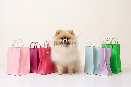 博美犬前面有几个彩色购物袋