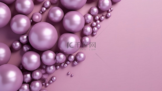 哑光圣诞球背景图片_平铺风格，浅紫色背景，带珠光框架和 3D 渲染的紫色哑光金属球体