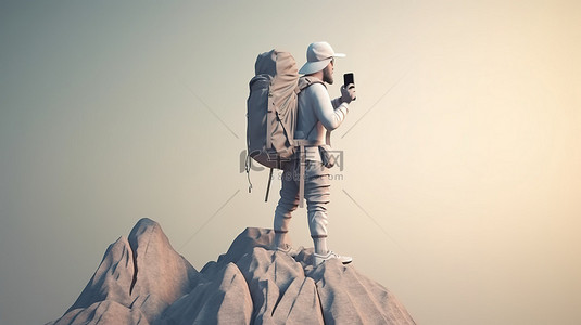 登上背景图片_冒险的游客手持电话登上山峰 3d 渲染