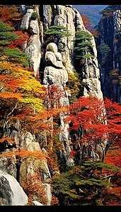 清州山秋天的树木和岩石