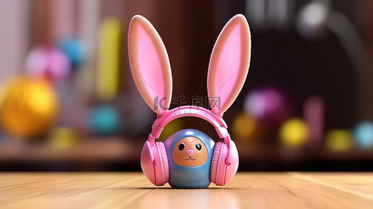 复活节兔子耳朵戴着耳机的 3D 插图，复活节彩蛋带有复制空间