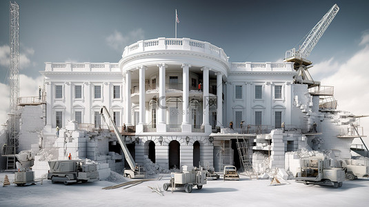 建筑商正在工作令人难以置信的正在建设中的白宫 3D 渲染