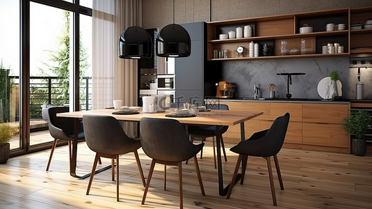 现代化厨房餐桌套装增强设计 3D 渲染