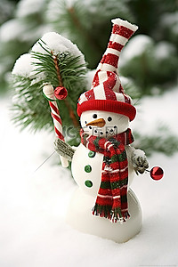 小雪背景图片_红色条纹长袜的白色小雪人 圣诞节 圣诞雪人