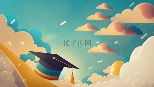 大学季毕业季背景图片_毕业季学士帽天空白云插画背景