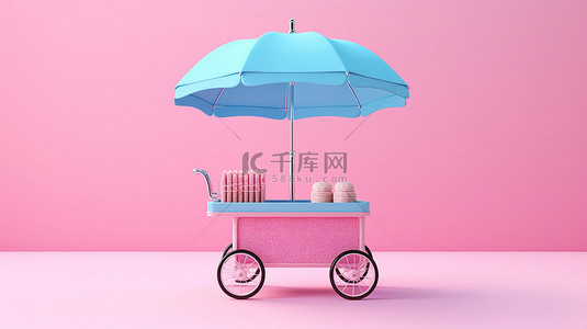 夏日复古背景背景图片_粉红色背景 3D 渲染图像上蓝色复古冰淇淋手推车的双色调模型