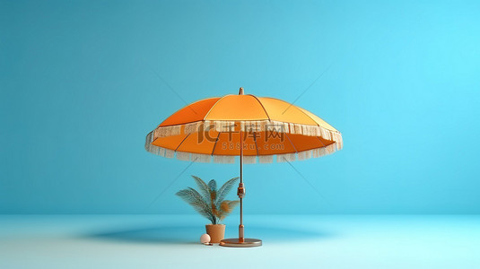 蓝色休息背景图片_蓝色沙滩伞横幅，带有复制空间 3D 渲染，适合夏季度假