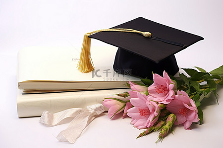 鲜花花束和带有对开页和粉红色花朵的毕业帽