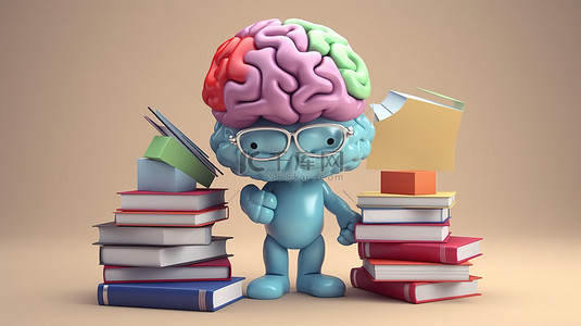 兒童書背景图片_聪明的书虫一个 3D 渲染的大脑角色与书籍