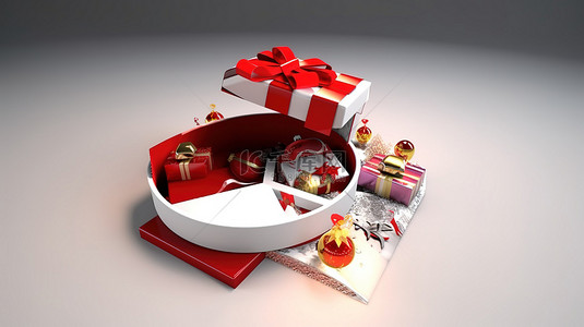 圣诞节和元旦的 3D 渲染节日开放礼品盒