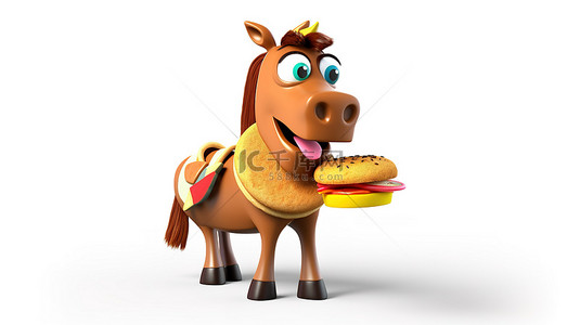 欢快的 3D 马形人物抓着美味的汉堡