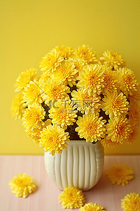 黄色桌子上白色花瓶里的菊花