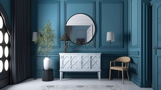 家居清背景图片_蓝色马桶为现代入口通道室内模型 3D 渲染增添魅力