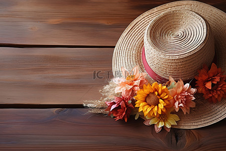 复古秋天背景图片_复古木头上有花朵的帽子