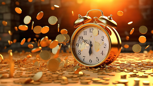卡通时间背景图片_卡通闹钟和钱币的 3D 渲染象征着时间的重要性