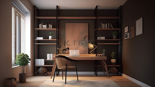 书房办公室背景图片_带书桌书架花盆装饰框和椅子的家庭办公室的 3D 可视化