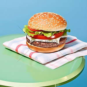 快餐菜单背景图片_一个汉堡包放在蓝色托盘上