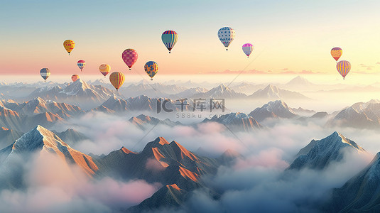 在 3D 渲染中，在雄伟的山脉上空乘坐令人惊叹的黎明气球