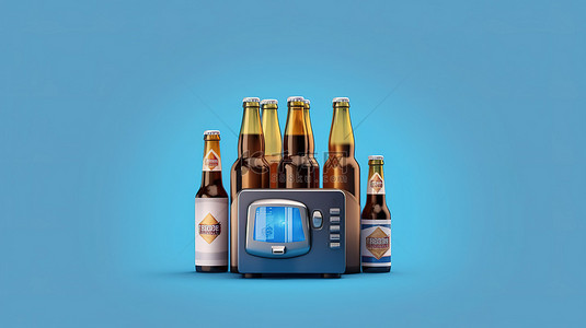 蓝色背景的 3D 插图与玻璃瓶装啤酒六件装和支付终端