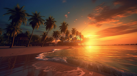 海滩壁纸背景图片_夏季海滩日落场景的 3d 渲染