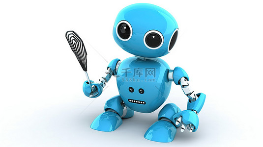 wifi可爱背景图片_3D 渲染中的可爱机器人，白色背景上带有蓝色 wi fi 符号