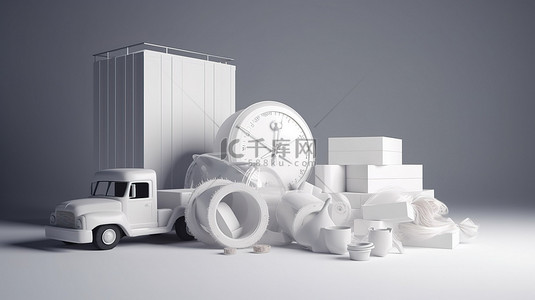 计时码表背景图片_3d 渲染中的计时码表一堆盒子和白色卡车