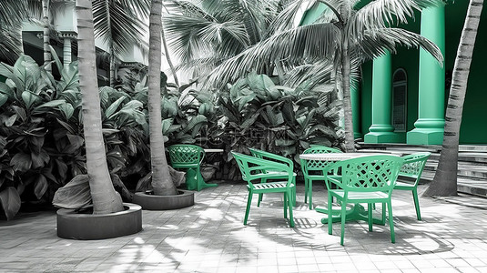 都市背景背景图片_户外咖啡馆的单色绿色 3D 渲染，配有椰子树长凳和桌椅