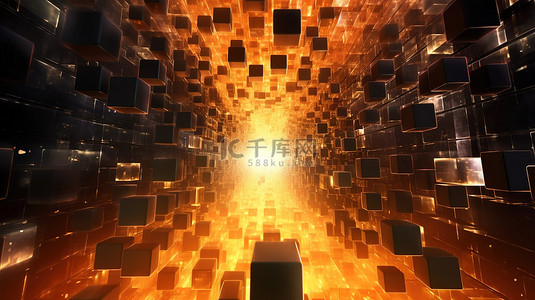 高科技大图背景图片_发光的立方体隧道飞行的 3D 渲染图