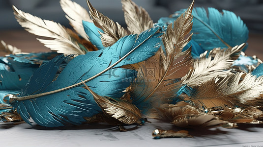 金色羽毛和叶子，蓝色绿松石和灰色 3D 艺术壁纸，背景明亮