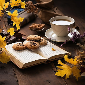 饼干曲奇背景图片_一本打开的书，木桌上放着一杯咖啡和饼干
