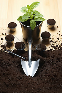 在花园里种植土壤工具和水