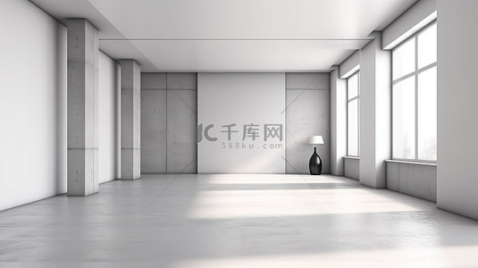 简单色调背景背景图片_中世纪简约房间简单优雅的设计，白色色调和混凝土地板 3D 渲染