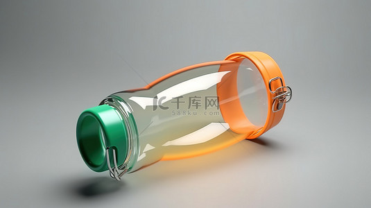橙色标志背景图片_带有充满活力的橙色和绿色硅胶手柄的逼真玻璃水瓶的独立 3D 插图