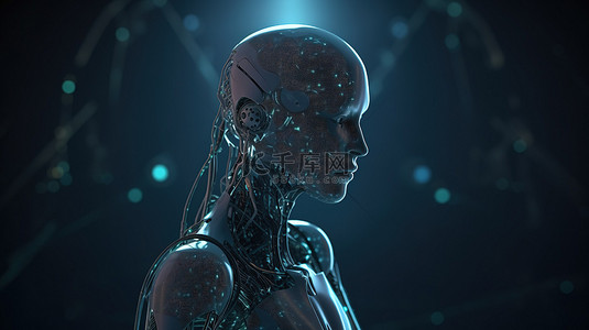 白星光背景图片_人工智能机器人或机器人在银河背景上分析 3D 渲染图像